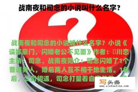 战南夜和司念的小说叫什么名字？