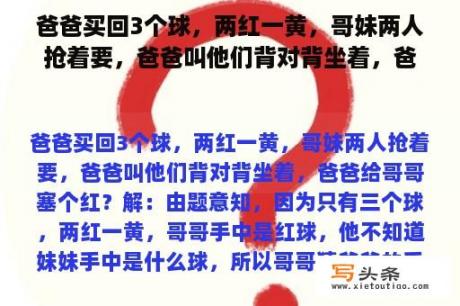 爸爸买回3个球，两红一黄，哥妹两人抢着要，爸爸叫他们背对背坐着，爸爸给哥哥塞个红？