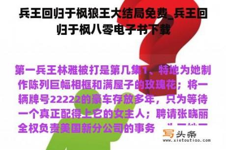 兵王回归于枫狼王大结局免费_兵王回归于枫八零电子书下载