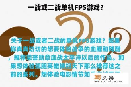 一战或二战单机FPS游戏？