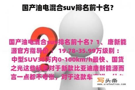 国产油电混合suv排名前十名？