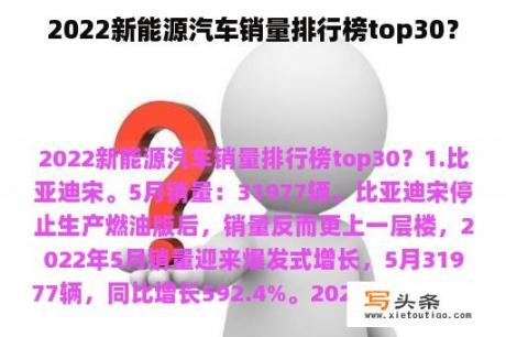 2022新能源汽车销量排行榜top30？