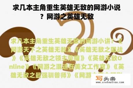 求几本主角重生英雄无敌的网游小说？网游之英雄无敌