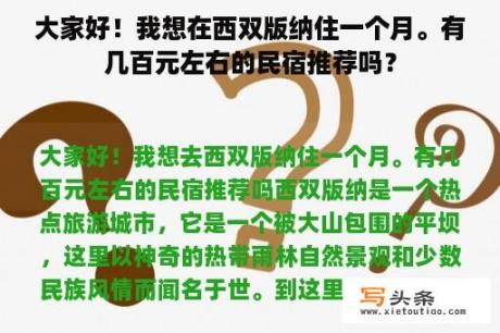 大家好！我想在西双版纳住一个月。有几百元左右的民宿推荐吗？